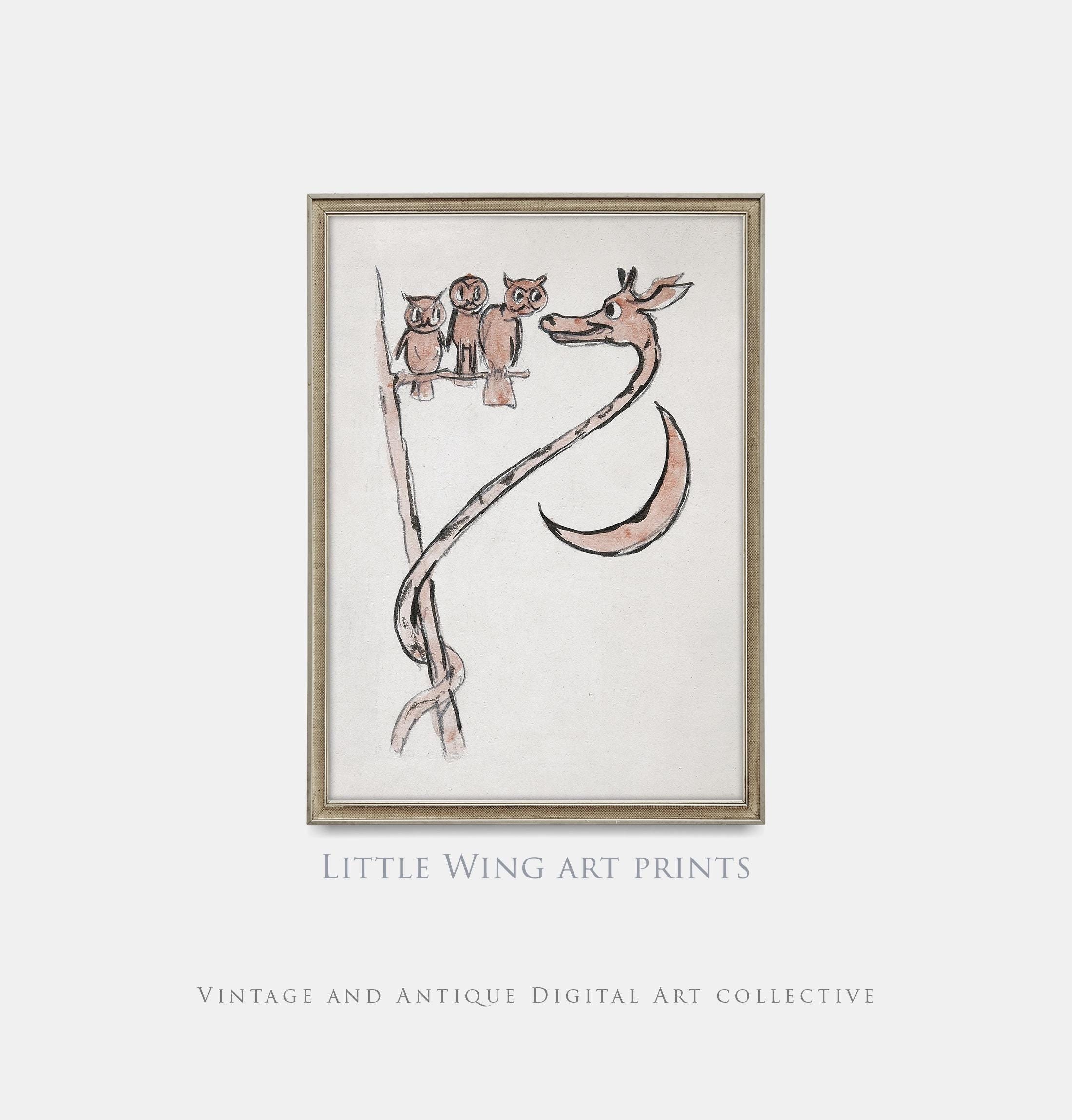 Whimsical Vintage Drawing of a Moon Giraffe and Owls | Children's Art | Nursery Decor | Cheerful