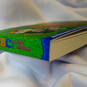May include: A green, blue, and white book with the title "The ABCs of Jiu Jitsu" on the cover. The book is closed and lying on a white surface.