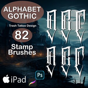 May include: A digital illustration of 82 gothic alphabet stamp brushes. The image features a dark, moody background with a full moon and a bridge over a river. The letters are in a bold, gothic style and are perfect for adding a touch of darkness and mystery to your designs.