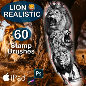 Puede incluir: Una ilustración digital de tres leones con una corona en la cabeza del león de arriba. La imagen está rodeada de un círculo azul con el texto "Lion Realistic 60 Stamp Brushes" y un tronco de árbol marrón. La imagen es para arte digital y diseño.