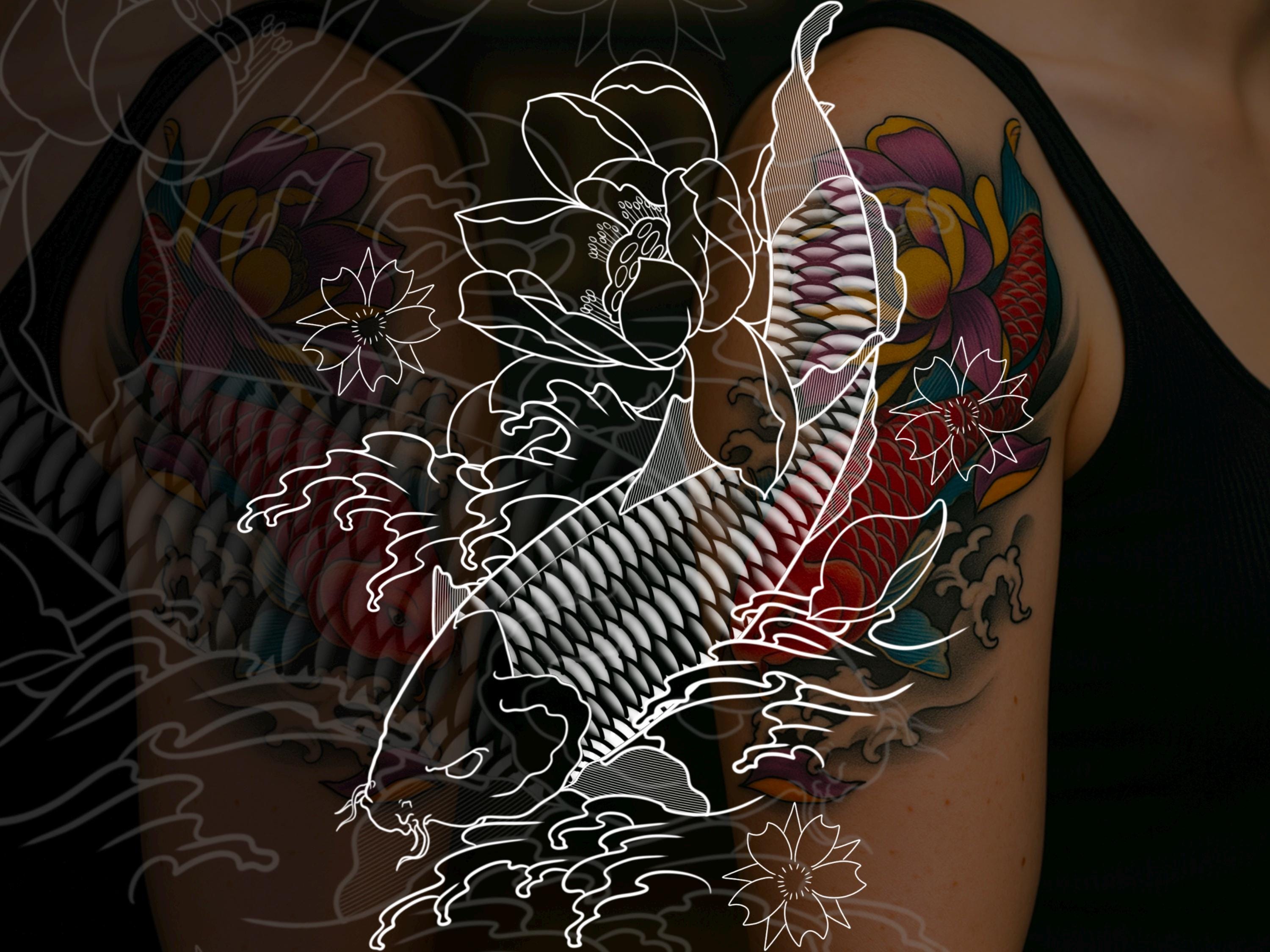 Ultimate Koi Tattoo Brush Pack – 175 Procreate & Photoshop Brushes | Koi Fish, Waves, Flowers, Scales, Japanese Elements, PNG + ABR preview 5