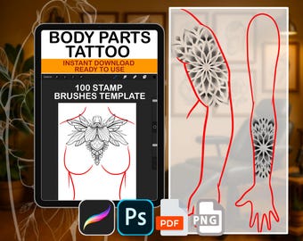 100 Procreate Stamps – Body Parts Templates for Tattoo Design | Anatomical Brush Set | Tattoo Placement Sketches Photoshop ABR PDF PNG