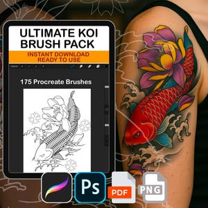 May include: A digital art pack displayed on a tablet, featuring the text "ULTIMATE KOI BRUSH PACK" and "175 Procreate Brushes." The image includes a tattoo of a koi fish and lotus flower. Icons for Procreate, Photoshop, PDF, and PNG files are also visible.
