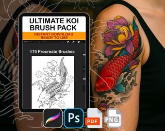 Ultimate Koi Tattoo Brush Pack – 175 Procreate & Photoshop Brushes | Koi Fish, Waves, Flowers, Scales, Japanese Elements, PNG + ABR