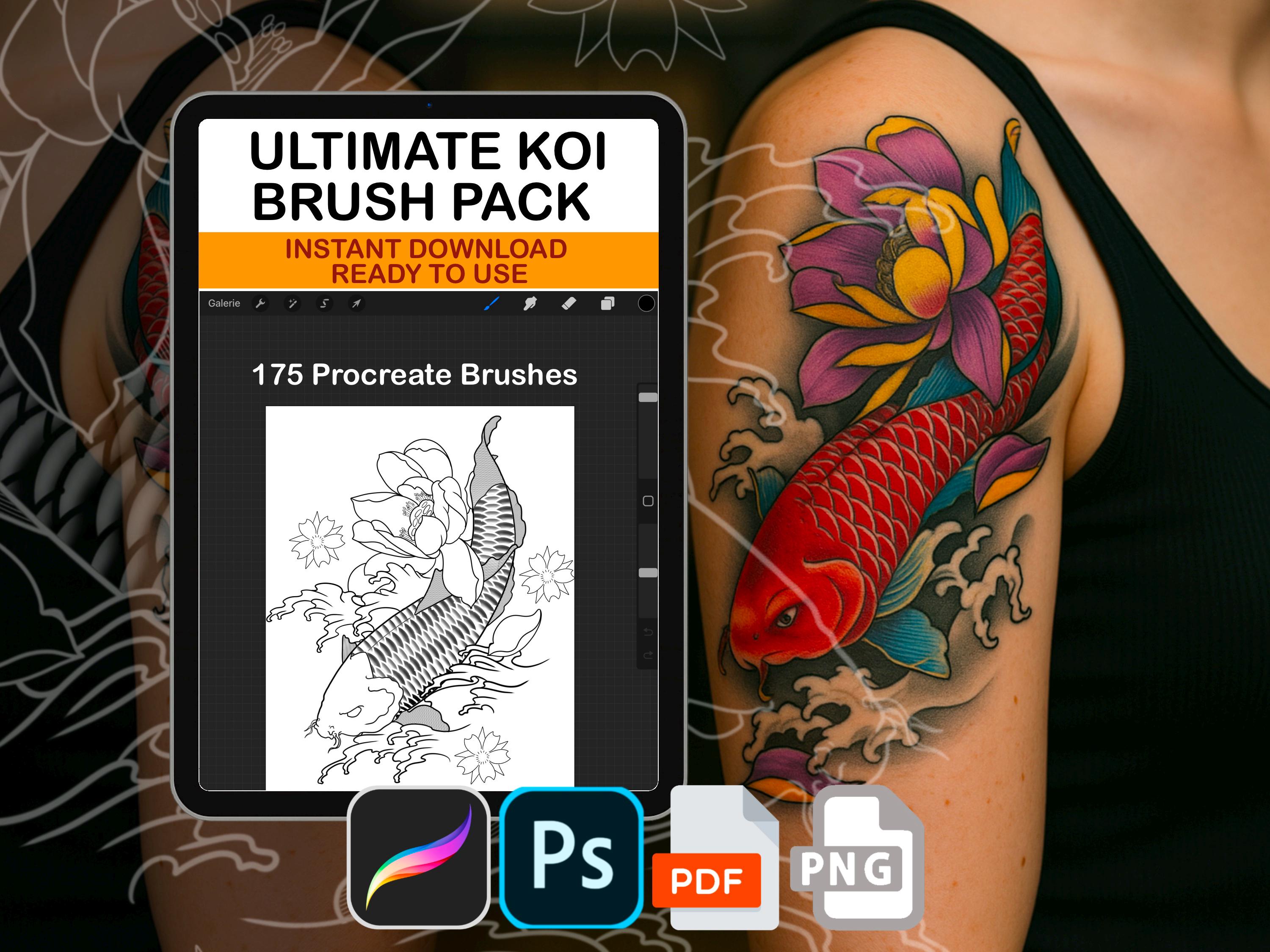 Ultimate Koi Tattoo Brush Pack – 175 Procreate & Photoshop Brushes | Koi Fish, Waves, Flowers, Scales, Japanese Elements, PNG + ABR