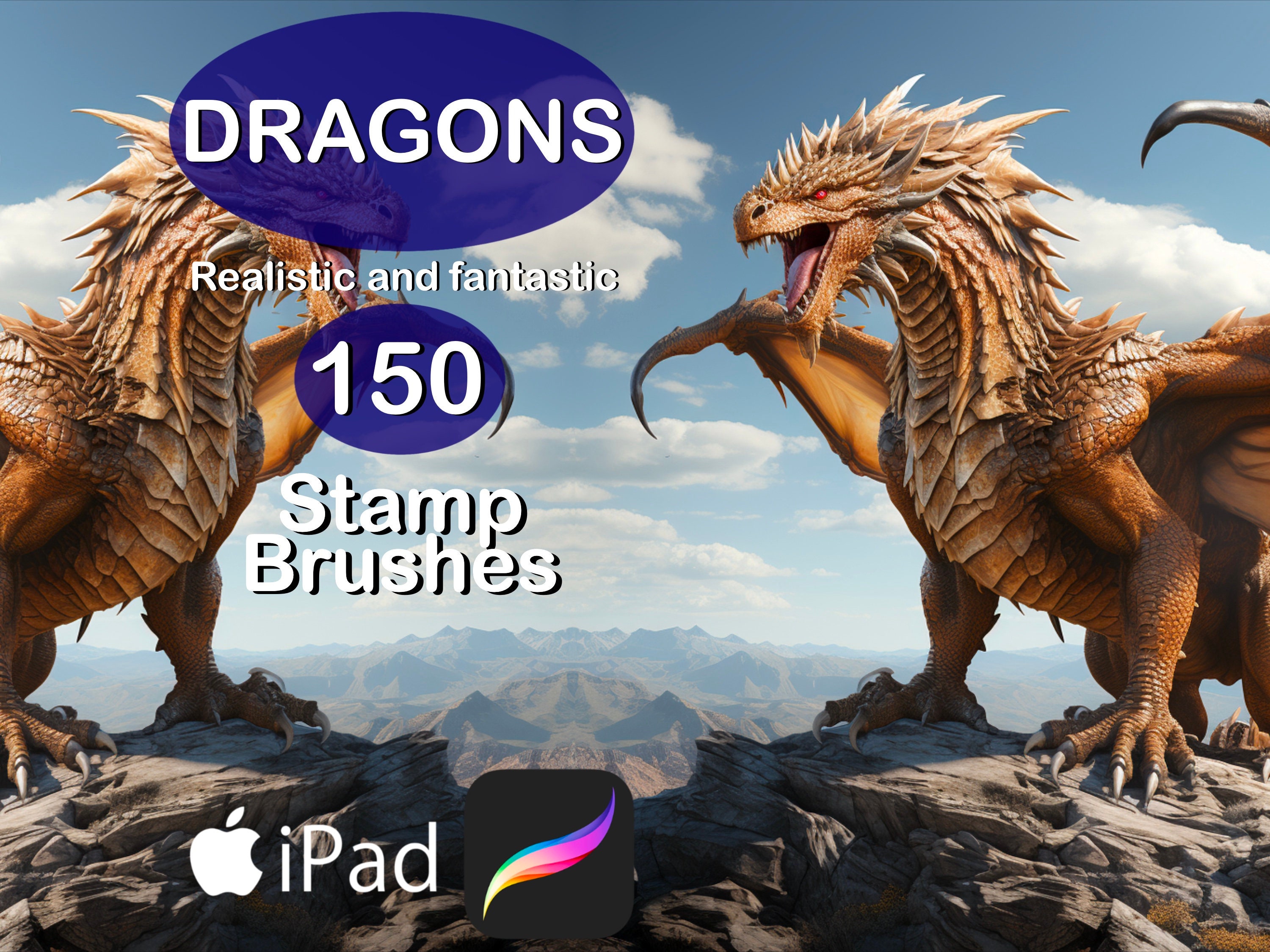 150 Pinceles Sello para Procreate – Dragones Realistas y Sellos de Cabezas de Dragón