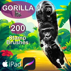 May include: Digital artwork with a black and white gorilla design. The image includes the text "GORILLA" and "200 Stamp Brushes", alongside the iPad and Procreate app logos. The background shows a jungle scene with vibrant colours.