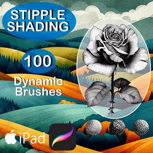 Könnte beinhalten: Eine digitale Illustration einer Rose, die mit Stippling-Schattierung gezeichnet wurde. Das Bild ist von einer Landschaft mit Hügeln und Bäumen umgeben. Der Text "STIPPLE SHADING 100 Dynamic Brushes" wird auf dem Bild angezeigt. Der Text "iPad" wird ebenfalls auf dem Bild angezeigt.