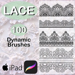 Peut inclure: Une illustration numérique de 100 pinceaux de style dentelle pour une utilisation avec l'application iPad Procreate. L'image montre quatre motifs de dentelle différents en noir et blanc.
