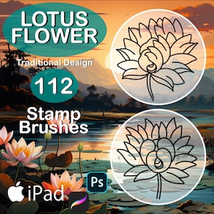 May include: A digital illustration of 112 lotus flower stamp brushes for iPad and Photoshop. The image shows two lotus flowers in a circle, with a sunset background and a lake with lily pads.