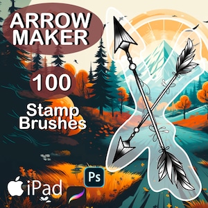 Könnte beinhalten: Eine digitale Illustration von zwei gekreuzten Pfeilen mit Federn vor dem Hintergrund einer farbenfrohen Herbstwaldszene. Der Text "ARROW MAKER" und "100 Stamp Brushes" wird auf dem Bild angezeigt. Das Bild enthält auch die Logos für iPad und Photoshop.