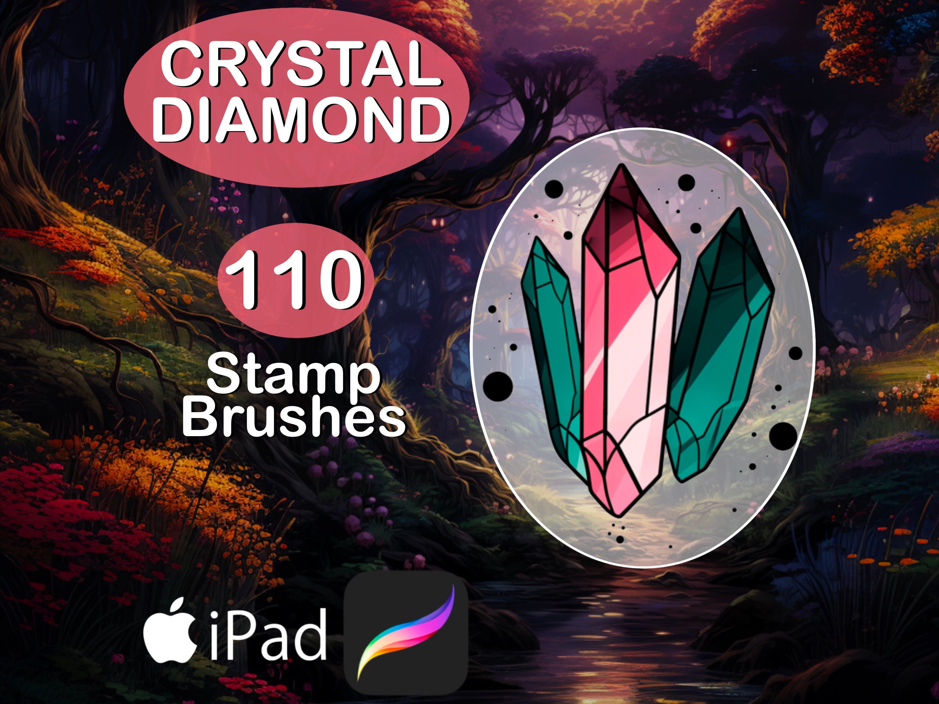 Pinceles de Diamante y Cristal para Procreate — 110 stamps para joyería, tatuaje y patrones