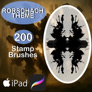 May include: A digital illustration of a Rorschach inkblot test. The image is in a circular frame with a white background. The text "Rorschach Theme" and "200 Stamp Brushes" is displayed in blue circles. The text "iPad" is displayed in white text on a black apple logo. A colorful paintbrush icon is displayed next to the text.