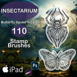 May include: Digital art stamp brushes for iPad, featuring insect designs. The image includes a spider and butterfly, with the text "INSECTARIUM" and "110 Stamp Brushes". The background shows a fantasy landscape.