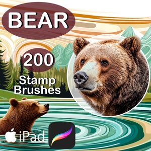 Peut inclure: Une illustration numérique d'un ours brun avec le texte "BEAR 200 Stamp Brushes" et une icône iPad. L'ours se trouve dans un environnement forestier avec des montagnes et un lac en arrière-plan.