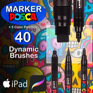 Peut inclure: Un ensemble de quatre marqueurs de peinture noirs Uni Posca à utiliser avec un iPad. Les marqueurs sont étiquetés "Uni Posca" et présentent un capuchon noir et un corps noir. L'image comprend également le texte "MARKER POSCA + 5 Color Palettes 40 Dynamic Brushes iPad".