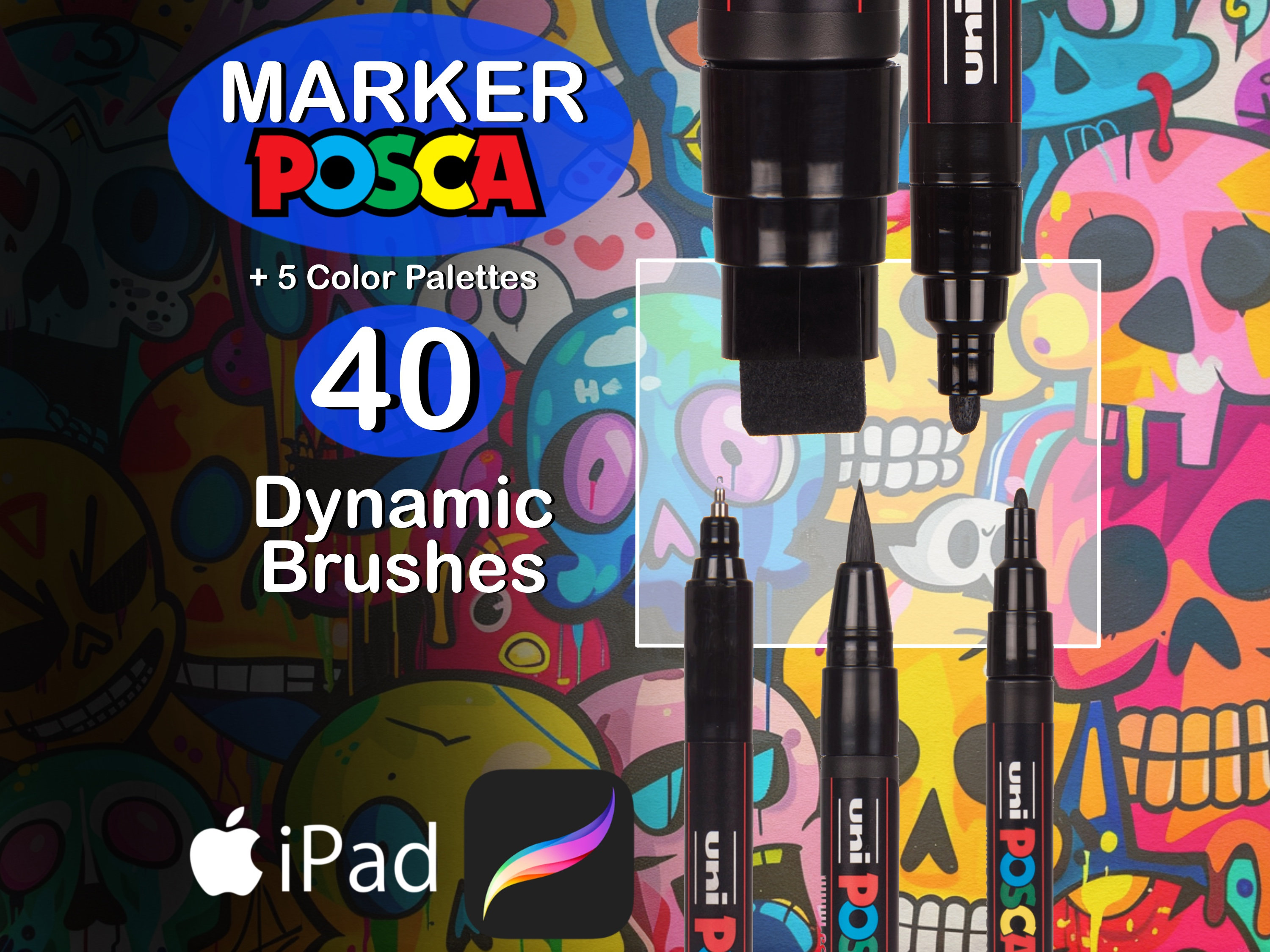 Procreate Posca Marker Brush Set – 40 Acrylic Paint Marker Brushes + 5 Color Palettes