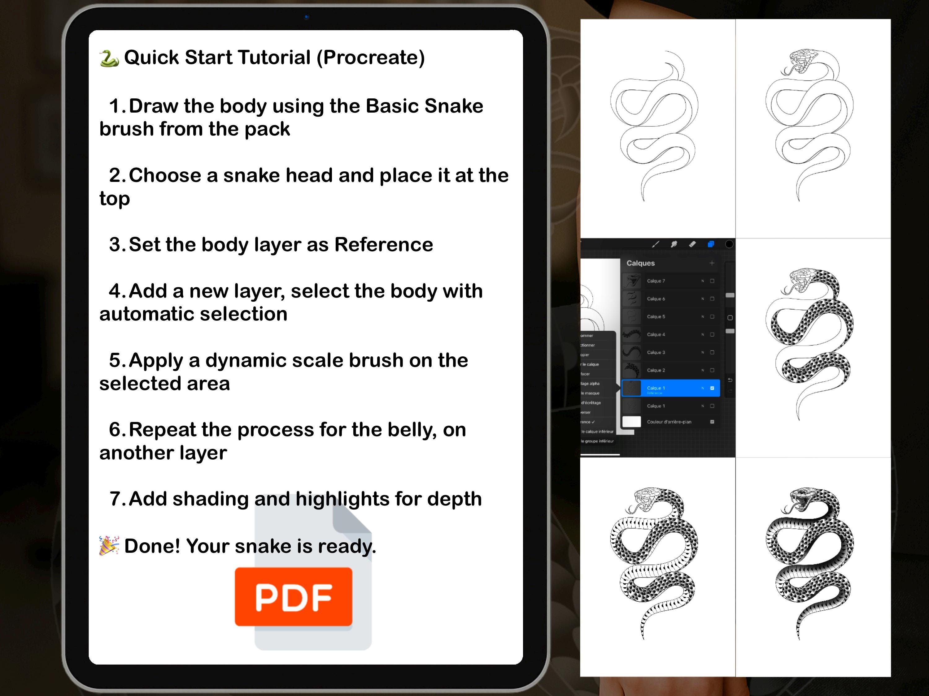 Ultimate Snake Procreate Brush Pack – 188 Brushes + PDF | Dynamic Bodies, Scales, Heads, Bellies | Tattoo, Fantasy, Line Art preview 3