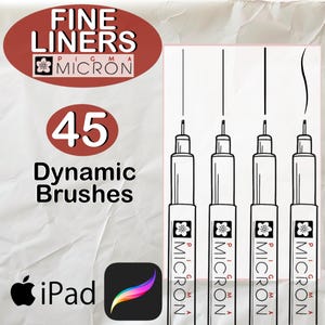 Könnte beinhalten: Ein Satz von 45 dynamischen Pinseln für iPad, die das Aussehen von feinen Stiften nachahmen. Das Bild zeigt fünf verschiedene Pinselstriche, jeder mit einer anderen Linienstärke und Textur. Der Text "FINE LINERS PIGMA MICRON" ist oben im Bild sichtbar.