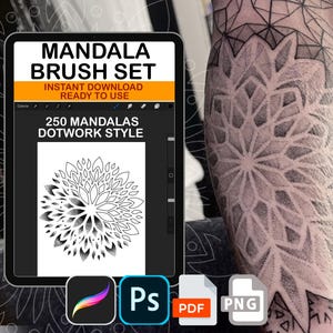 Conjunto de pinceles para tatuajes de mandala y puntillismo de Procreate para Photoshop, ABR, PDF y PNG