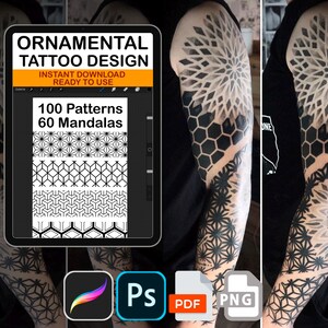 装飾タトゥーデザインパック – シームレスな背中のパターン100種類 + マンダラ60種類 – Procreateブラシ、ABRスタンプ、PNG、PDF