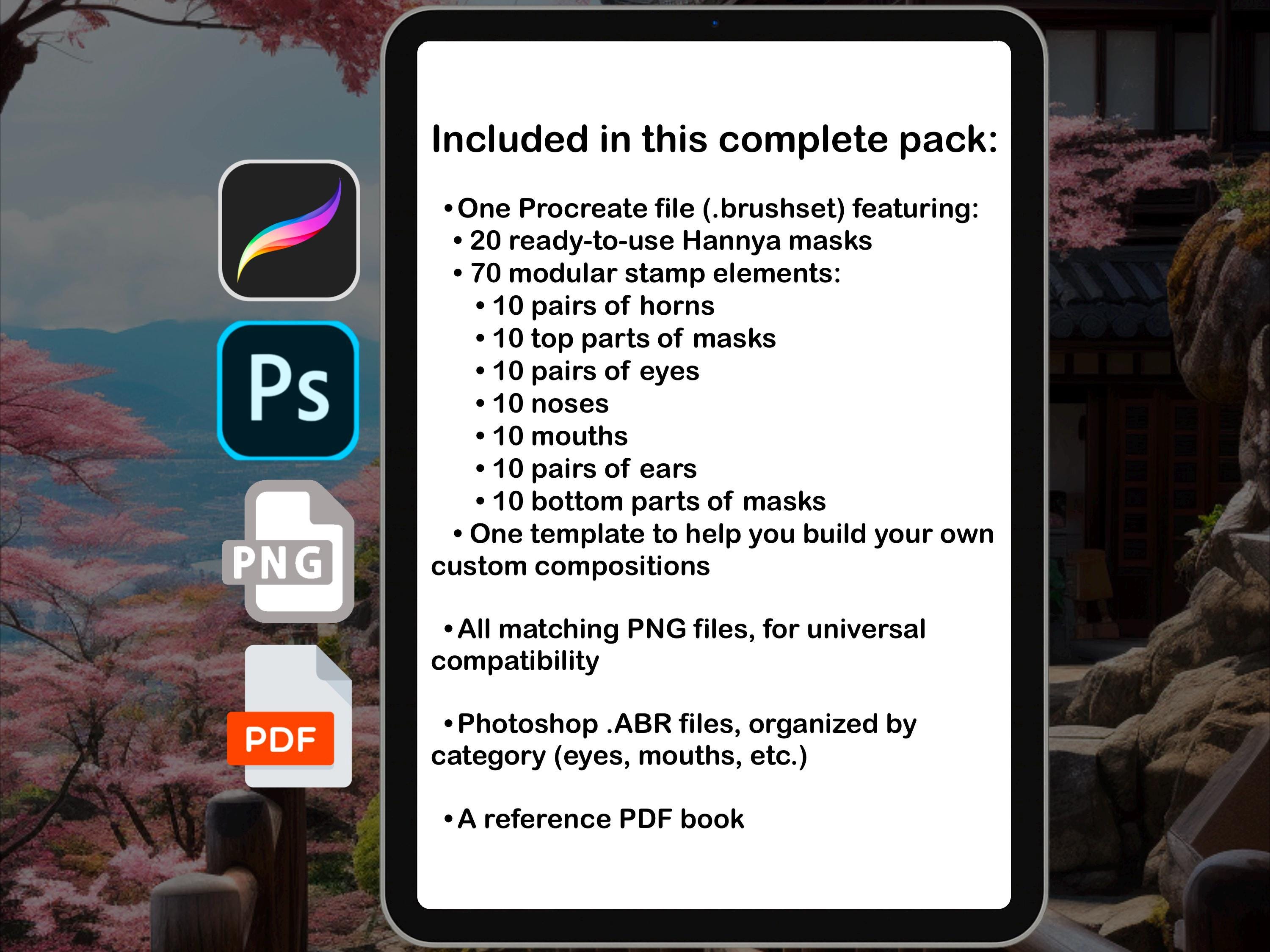 Hannya Mask Procreate Brush Pack – 20 Masks + 70 Modular Stamps – PNG + ABR + PDF Template preview 2
