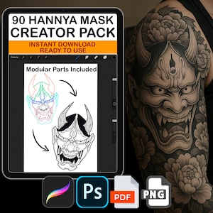 Hannya Mask Procreate Brush Pack – 20 Masken + 70 modulare Stempel – PNG + ABR + PDF-Vorlage