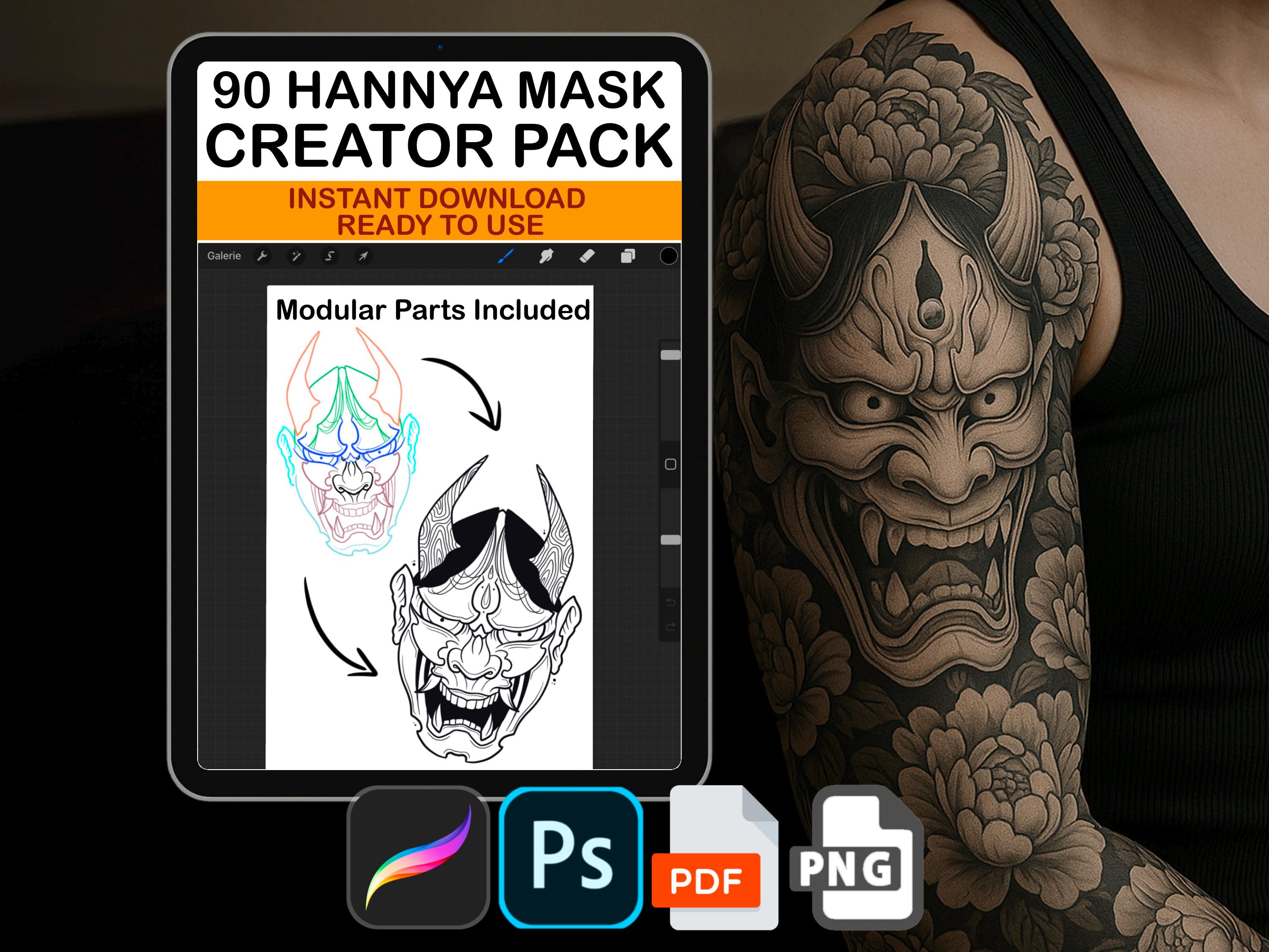 Hannya Mask Procreate Brush Pack – 20 Masks + 70 Modular Stamps – PNG + ABR + PDF Template