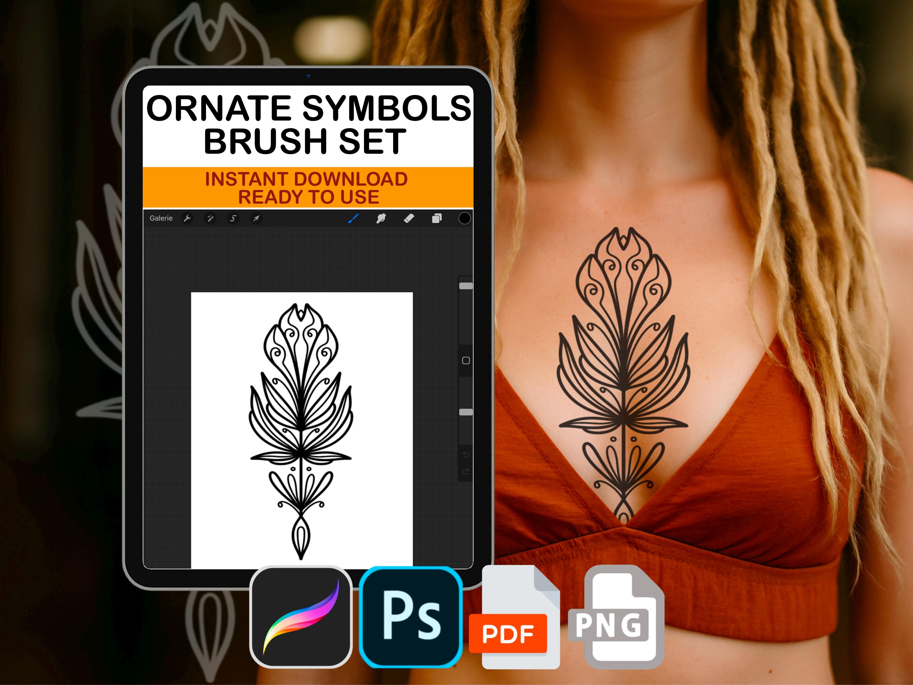 Ornate Symbol 100 Procreate Tattoo Stamp Brushes | Floral, Lotus and Ornamental Line Art for Illustrators & Designers Photoshop ABR PNG PDF