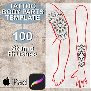 100 timbri Procreate – Modelli di parti del corpo per la progettazione di tatuaggi | Set di pennelli anatomici | Schizzi di posizionamento del tatuaggio