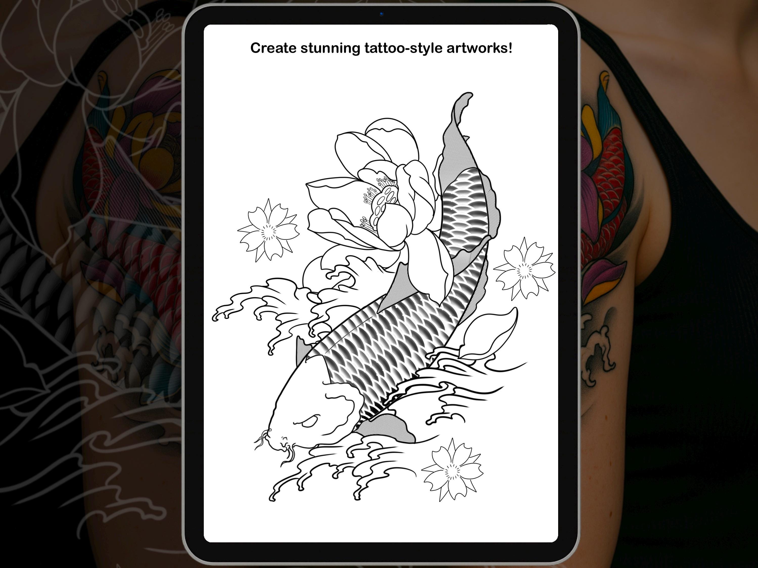 Ultimate Koi Tattoo Brush Pack – 175 Procreate & Photoshop Brushes | Koi Fish, Waves, Flowers, Scales, Japanese Elements, PNG + ABR preview 4
