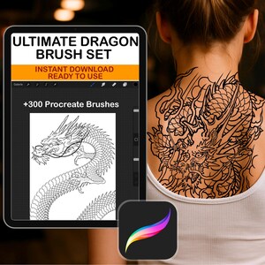 May include: A digital tablet displays the text "ULTIMATE DRAGON BRUSH SET" with "INSTANT DOWNLOAD READY TO USE" below it. The tablet shows a dragon illustration and the Procreate app icon. A person has a dragon tattoo on their back.