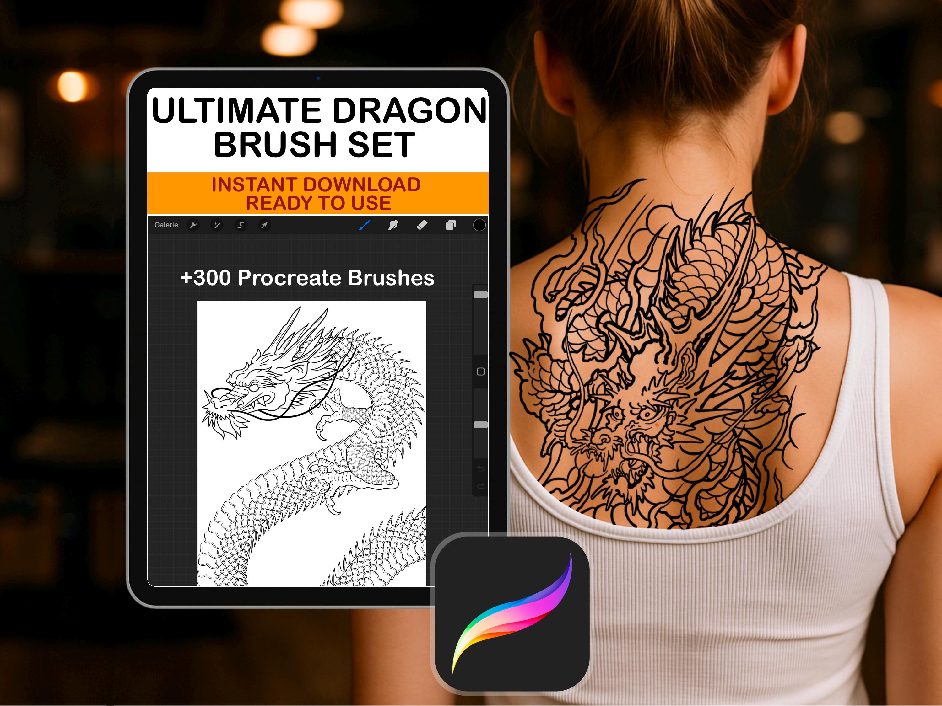 Creador Definitivo de Dragones para Procreate – 306 sellos de pincel: cabezas, patas, cuerpos, escamas, llamas y nubes