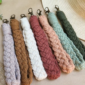 Braided Macrame Keychain Wristlet: Neutral Color Cotton Key Bracelet