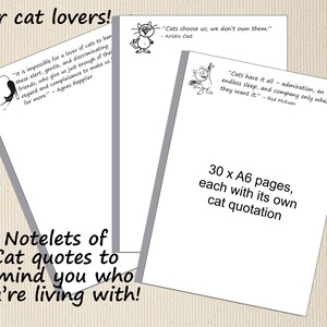 May include: Three white notepads with cat-themed quotes and illustrations. The text reads "For cat lovers!" and "Notelets of Cat quotes to remind you who you're living with!" Each notepad contains 30 A6 pages.