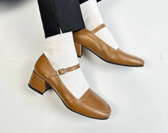 Brown Leather Mary Jane Heels with Strap, Square Toe Block Heel Pumps
