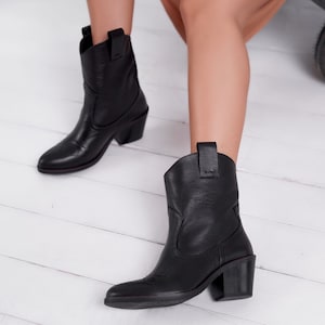 Handmade Black Leather Cowboy Boots: Western Ankle Booties