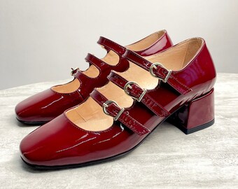 Mary Jane Pumps Three Straps Burgundy Patent Chunky Heels for - Etsy