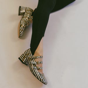 Bold Stripe Mary Jane Heels – Custom Patent Leather Shoes Chunky Heel and Triple Strap | Striped Handmade Shoes | Unique Custom Footwear