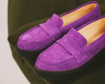 Handmade Loafer Shoes For Women Purple Suede Mid Chunky Platform Free Personalized