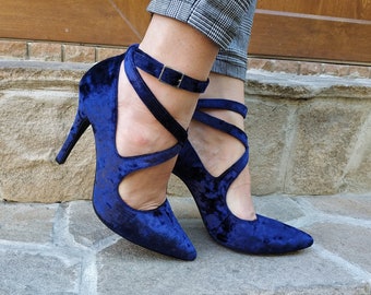 blue velvet shoes heels