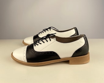 Oxford Shoes For Woman Audrey Horne Styled, Handmade Oxfords White And Black Leather Perforated, Custom Shoes Designer Made
