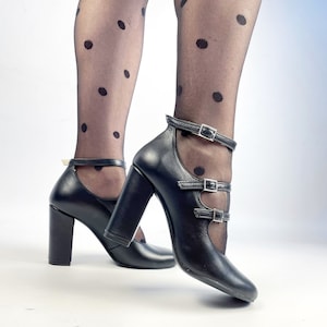 Handmade Black Leather Mary Jane Heels: Retro Triple Strap Party Pumps