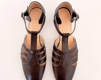 Brown Leather Mary Jane Flats Square Toe, T Strap Handmade Vintage Ballets for Women