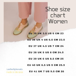Puede incluir: Tabla de tallas de zapatos para mujer con medidas en cent&iacute;metros. La imagen muestra un par de zapatos de cuero rosa y verde. El texto de la imagen incluye tallas de zapatos de la EU 35 a la EU 41.