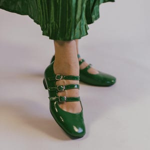 Green Patent Leather Mary Jane Flats: Handmade Triple Strap Balletcore Shoes
