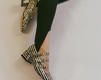 Gestreifte Mary Jane Pumps Lackleder, Schwarz Weiße Blockabsatz Schuhe Vintage