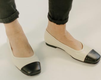 Two Tone Leather Flats, Square Toe Ballets, Handmade Women Leather Shoes