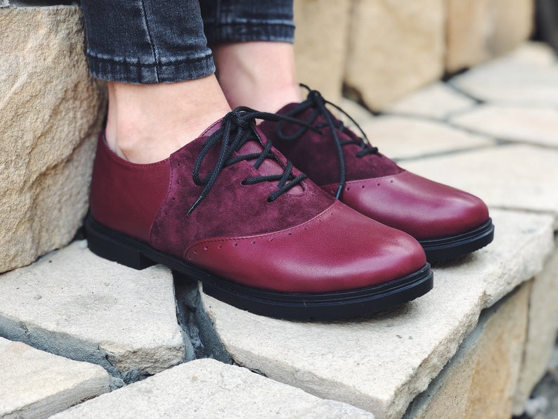 Saddle Oxfords Burgundy Leather Woman Oxford Shoes Suede Etsy