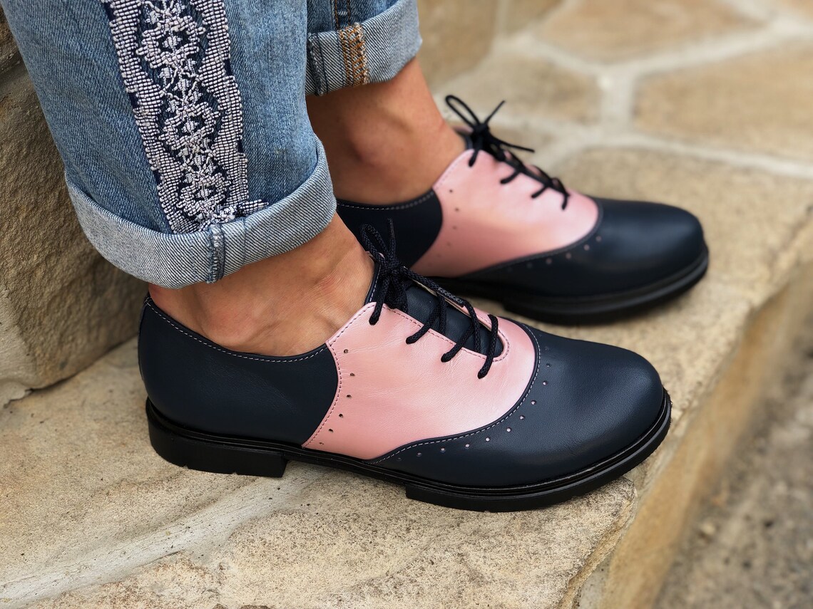 Oxford Shoes Woman Wide Feet Saddle Oxfords Blue and Pink Etsy